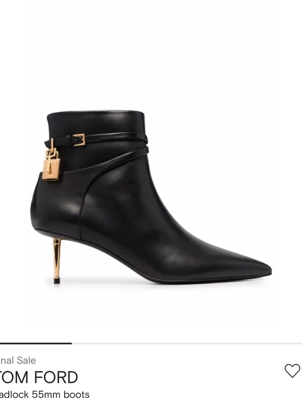 Tom Ford Black Leather Pointed Ankle Boot with Gold Padlock Heel